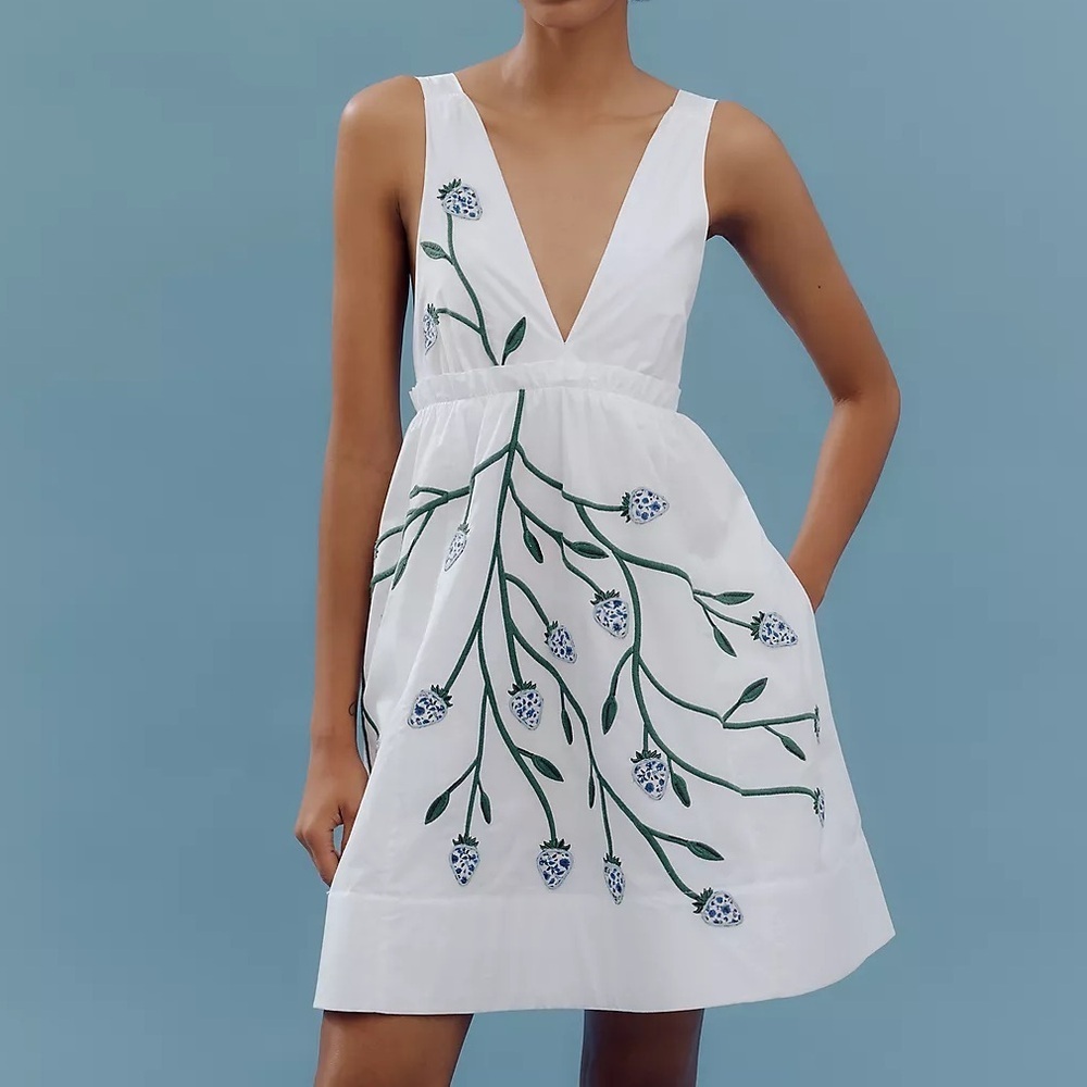 NWT Anthro Maeve Cotton Sleeveless V-Neck Mini Babydoll Strawberry Dress 🧱